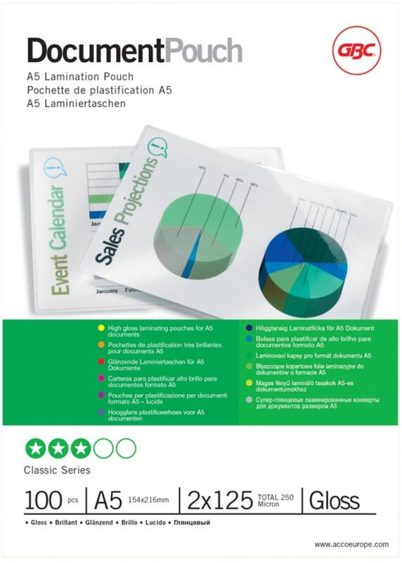 Pochette de plastification Document GBC A5 Brillant 125 microns (2 x 125) Transparent 100 Unités