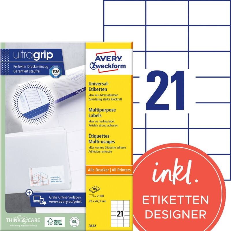 Étiquettes universelles Ultragrip Avery 3652 Adhésif A4 Blanc 70 x 42.3 mm 100 Feuilles de 21 Étiquettes