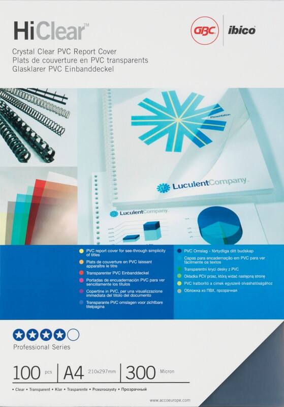 Couverture pour reliure GBC HiClear A4 300 microns PVC (Polychlorure de vinyle) Transparent 100 Unités