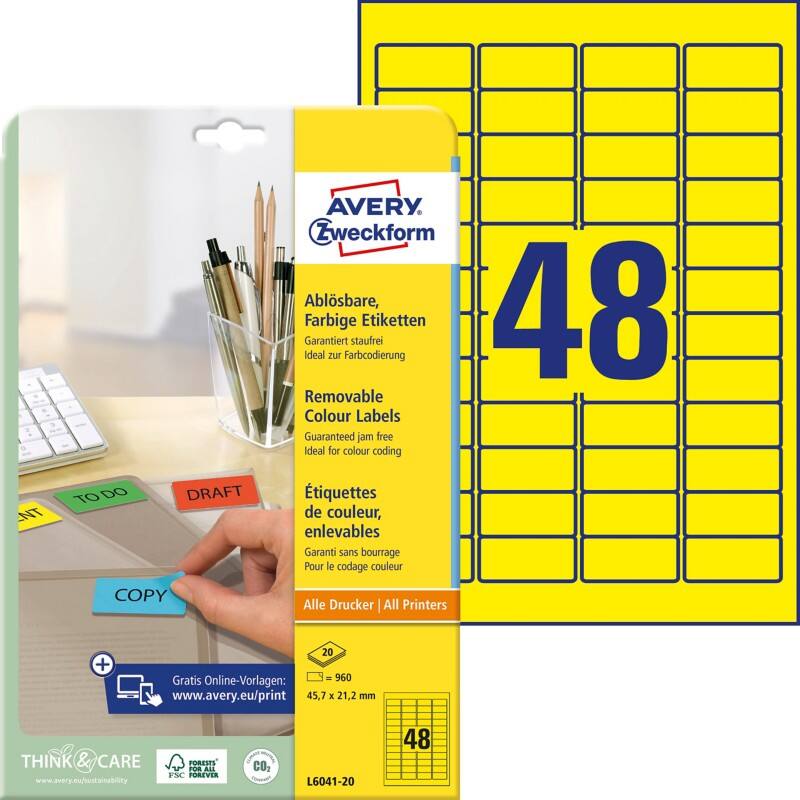 Étiquettes repositionnables Avery L6041-20 Adhésif permanent Jaune 45,7 x 21,2 mm 20 Feuilles de 48 Étiquettes