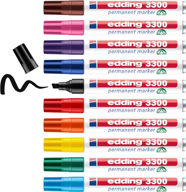 Marqueur permanent edding 3300 100% Recyclé Large Biseauté 1 - 5 mm Assortiment Rechargeable Résistant à l'eau 10 Unités