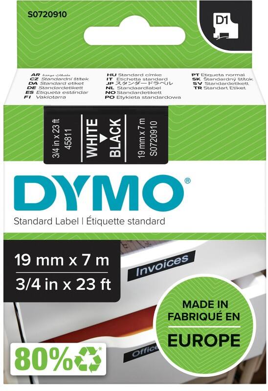 Ruban d’étiquettes D1 Dymo S0720910 / 45811 d’origine Autocollantes Blanc sur noir 19 mm x 7 m