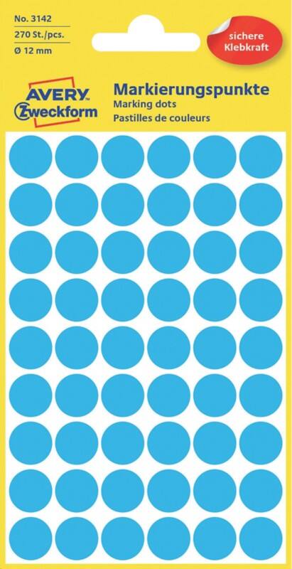 Pastilles autocollantes Avery 3142 Adhésif Spécial Bleu 5 Feuilles de 54 Étiquettes