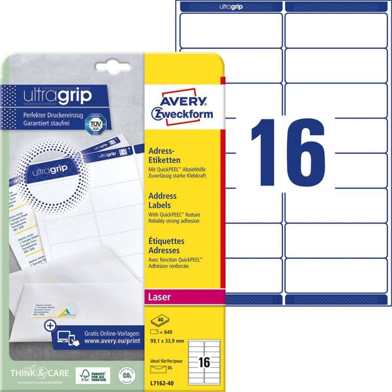 Étiquettes universelles Ultragrip Avery L7162-40 Adhésif A4 Blanc 99.1 x 33.9 mm 16 Feuilles de 40 Étiquettes