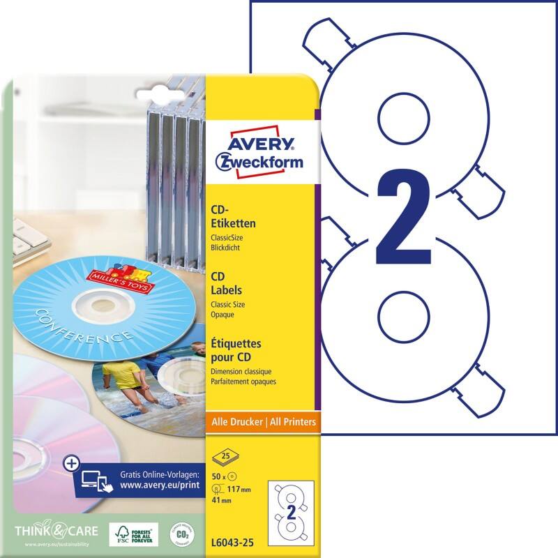 Étiquettes CD/DVD Avery L6043-25 adhésif A4 Blanc 25 Feuilles de 2 Étiquettes