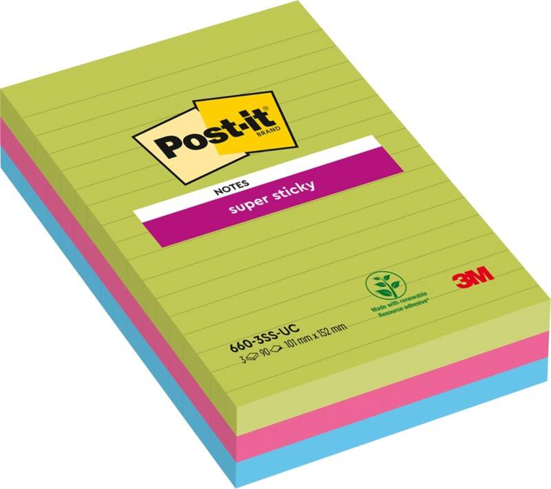 Notes Super Sticky Post-it 101x152mm Assortiment Rectangulaire Ligné 3Blocs de 90 Feuilles