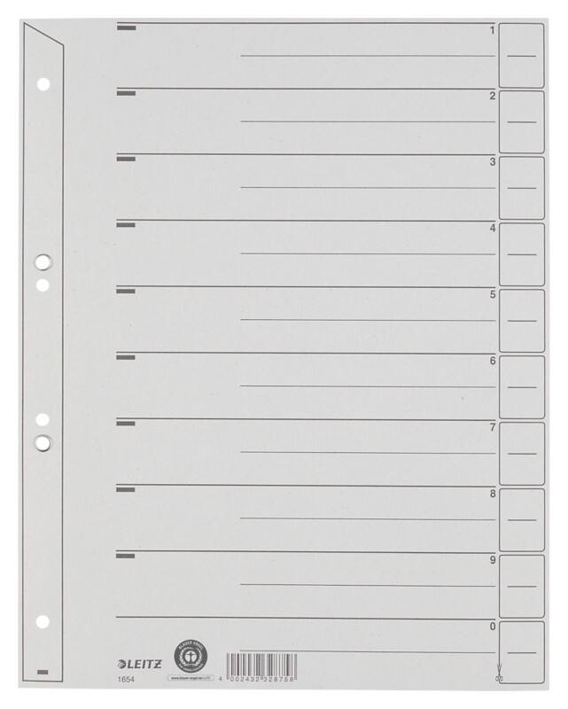 Intercalaires Leitz 1 à 10 A4 extra large Gris 10 intercalaires Carton 6 Perforations 1654 100 Unités