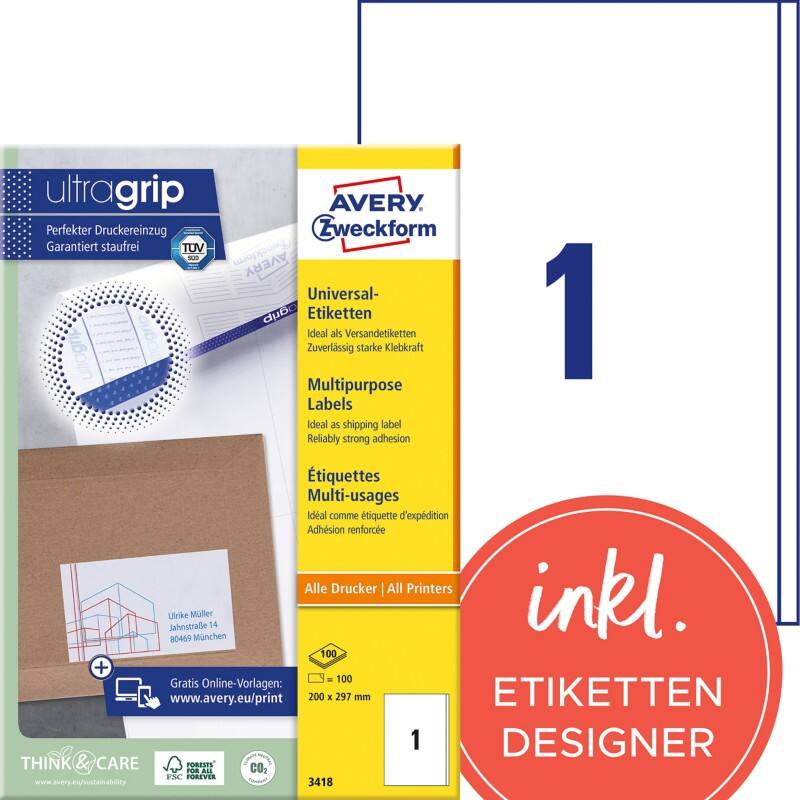 Étiquettes universelles Ultragrip Avery 3418 Adhésif A4 Blanc 200 x 297 mm 100 Feuilles de 1 Étiquettes