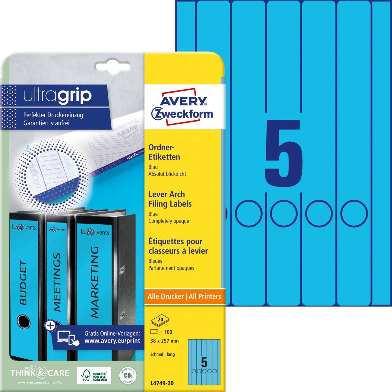 Étiquettes pour dos de classeur AVERY Zweckform UltraGrip Adhésif L4749-20 3,8 x 29,7 cm Bleu 20 feuilles de 5 étiquettes