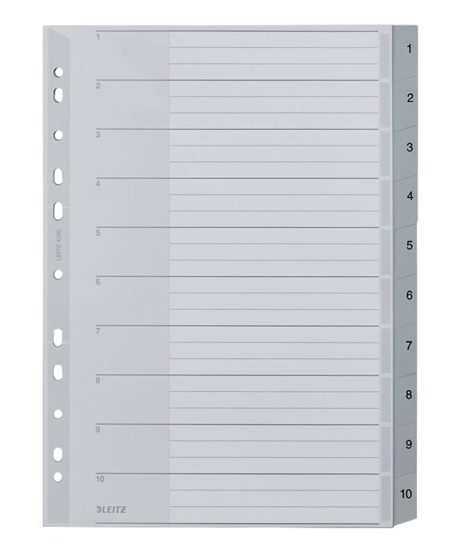 Intercalaires Leitz 1280 A4 extra large Gris 10 intercalaires Perforé PP 1 à 10