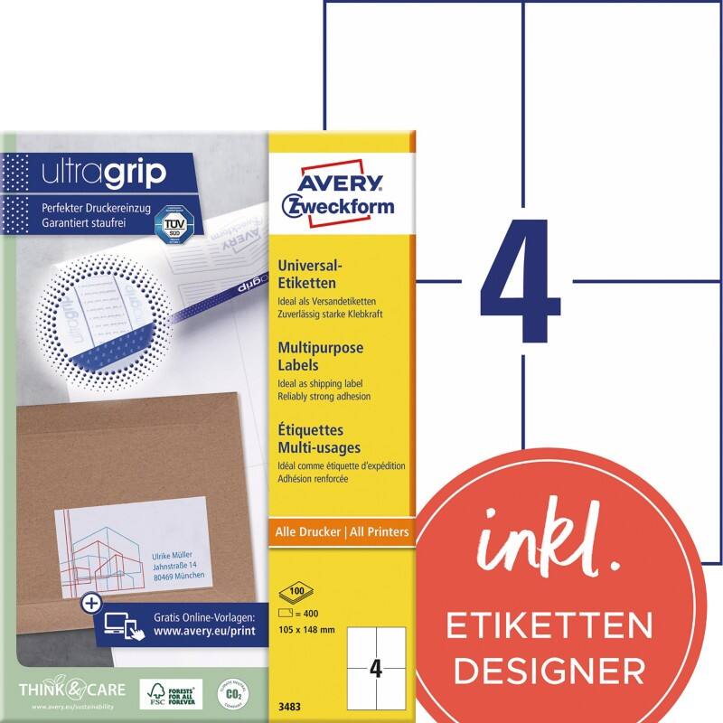 Étiquettes universelles Ultragrip Avery 3483 Adhésif A4 Blanc 105 x 148 mm 100 Feuilles de 4 Étiquettes