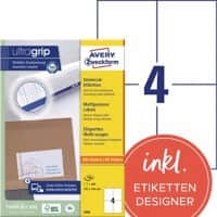 Étiquettes universelles Ultragrip AVERY Zweckform 3483 Adhésif A4 Blanc 105 x 148 mm 100 Feuilles de 4 Étiquettes