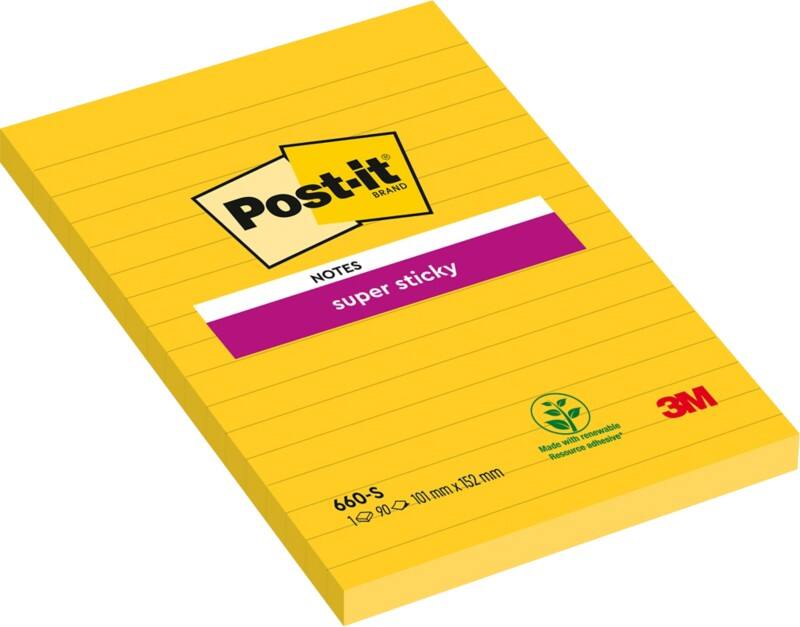 Notes Super Sticky Post-it 101 x 152 mm Jaune Rectangulaire Ligné 6 Blocs de 75 Feuilles