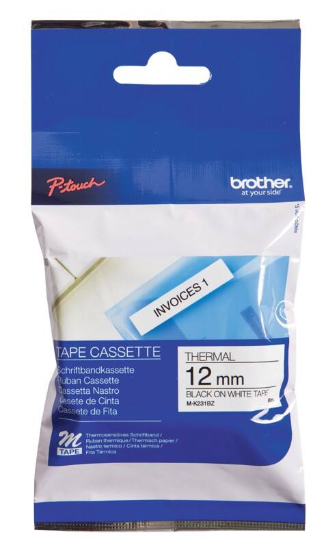 Ruban d'étiquettes Brother M-K231 d’origine Autocollantes Noir sur blanc 12 mm x 8 m