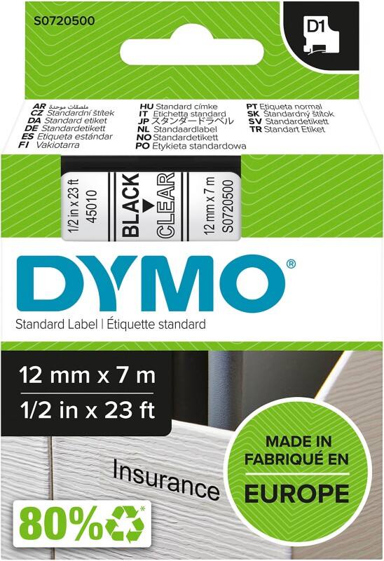 Ruban d'étiquettes DYMO D1 Authentique 45010 S0721440 Autocollantes Noir sur Transparent 12 mm x 7 m