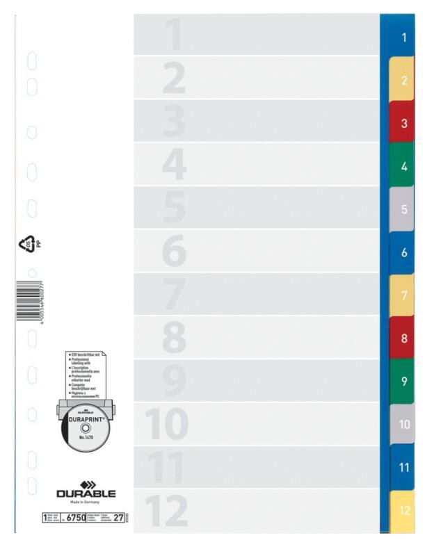 Intercalaires numériques 1 à 12 DURABLE A4 Assortiment 12 intercalaires PP (Polypropylène) 11 Perforations 6750