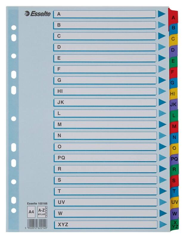 Intercalaires Esselte Mylar 100166 A4 touches renforcées multicolore 31 onglets 11 trous carton 160 g/m² A à Z