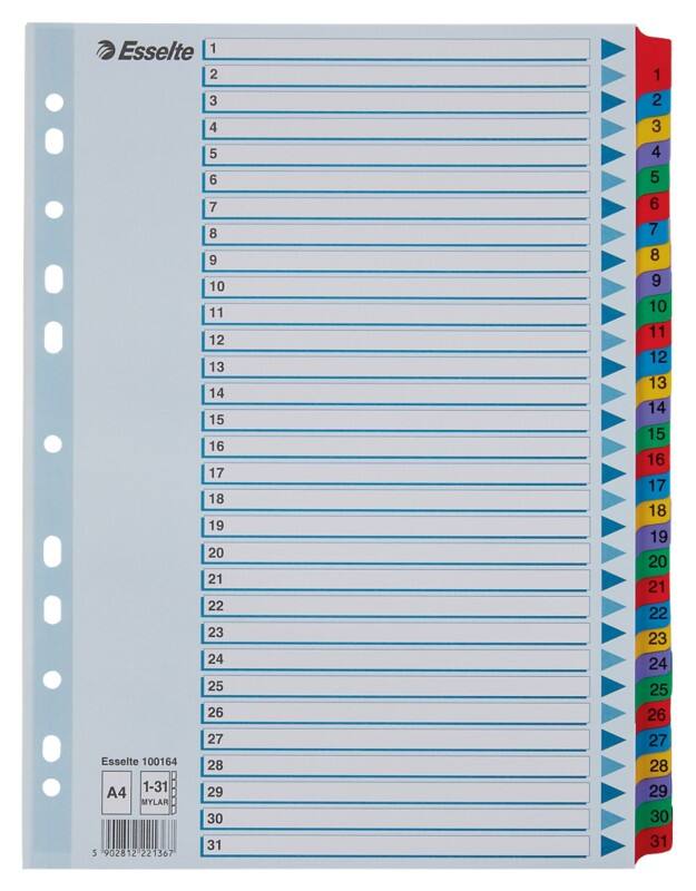 Intercalaires Esselte Mylar 100164 A4 touches renforcées multicolore 31 onglets 11 trous carton 160 g/m² 1 à 31