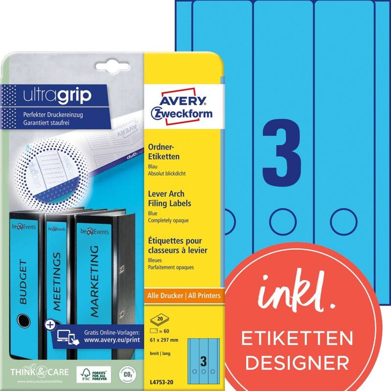 Étiquettes de dos Avery Ultragrip L4753-20 Bleu A4 61 mm 20 Feuilles de 3 Étiquettes