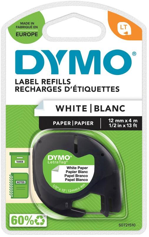 Ruban d’étiquettes Dymo D1 S0721510 / 91200 LetraTag d’origine Autocollant Blanc 12 mm x 4 m