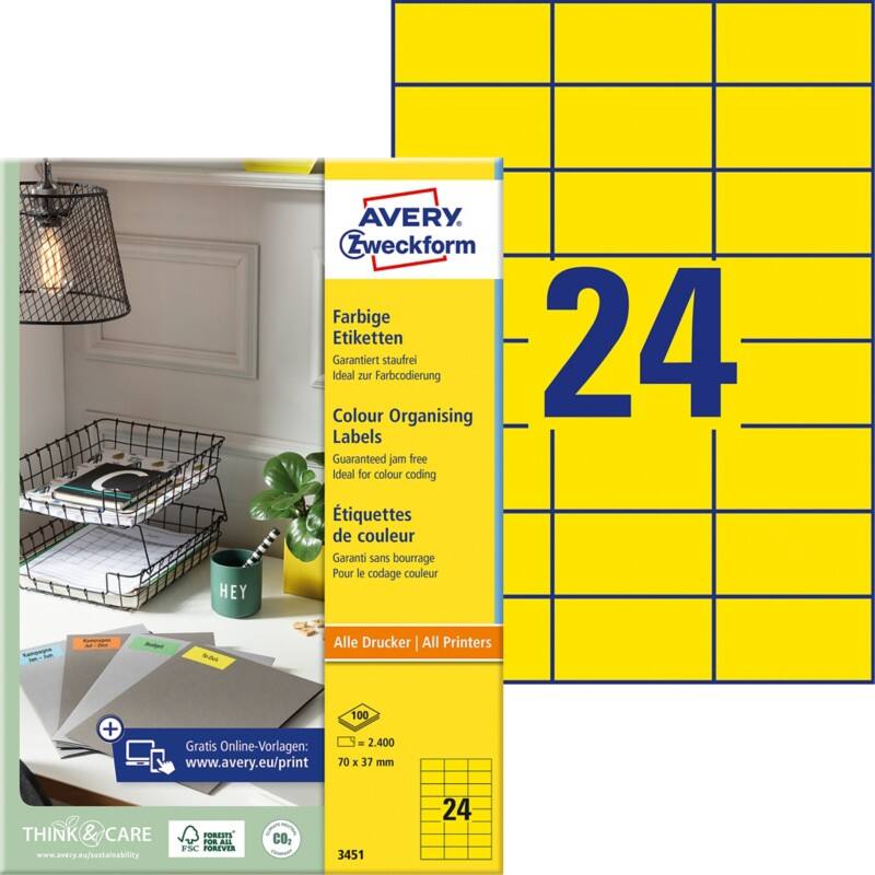 Étiquettes universelles Avery 3451 Adhésif A4 Jaune 70 x 37 mm 100 Feuilles de 24 Étiquettes