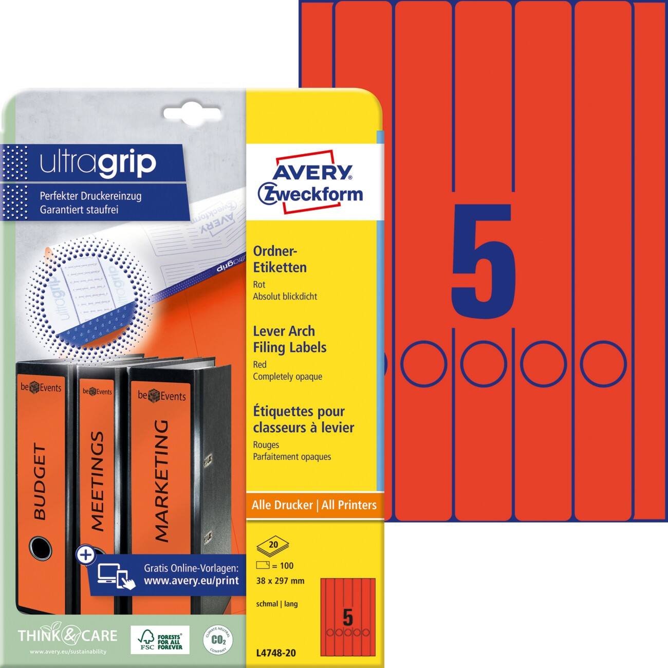 Étiquettes pour dos de classeur AVERY Zweckform UltraGrip L4748-20 3,8 x 29,7 cm Rouge 20 unités de 5 unités