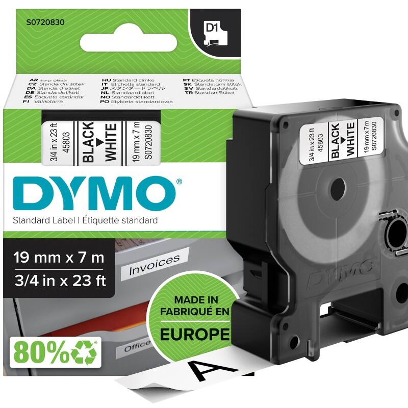 Ruban d'étiquettes DYMO D1 Authentique 45803 S0720830 Autocollantes Noir sur Blanc 19 mm x 7 m