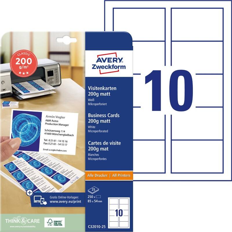 Cartes de visite Avery Quick and Clean 200 g/m² Blanc 25 Feuilles de 10 Unités