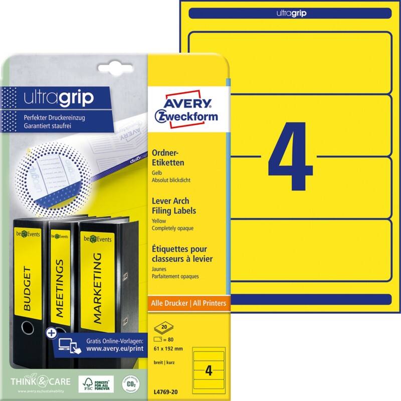 Étiquettes pour dos de classeurs Avery Ultragrip L4769-20 Jaune A4 61 mm 20 Feuilles de 4 Étiquettes