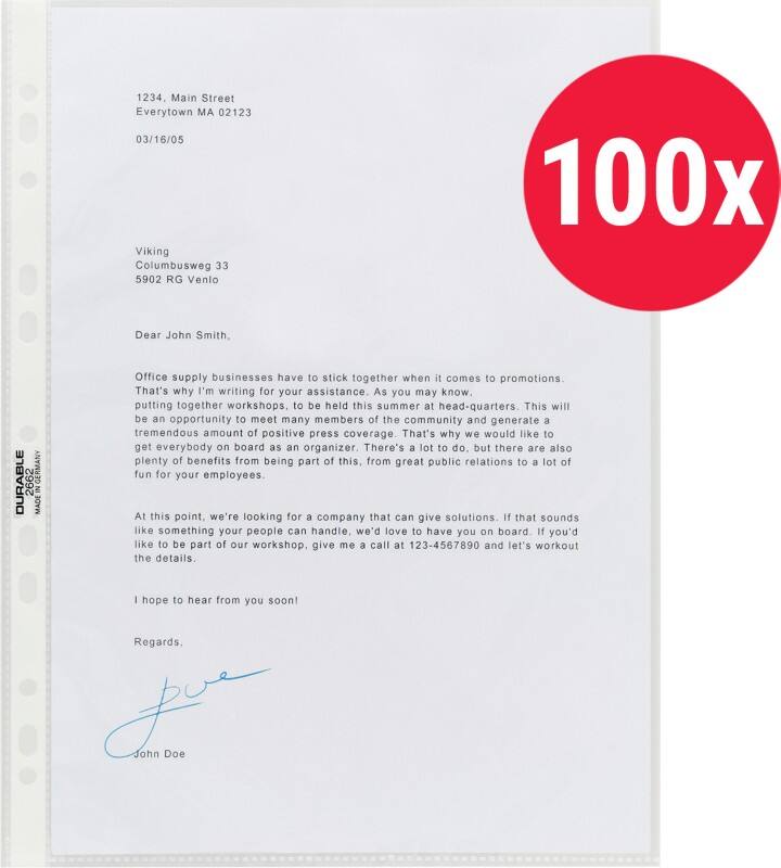 Pochettes perforées DURABLE Premium A4 Transparent 80 microns PP (Polypropylène) Ouverture par le haut 11 perforations 2676-19 100 unités