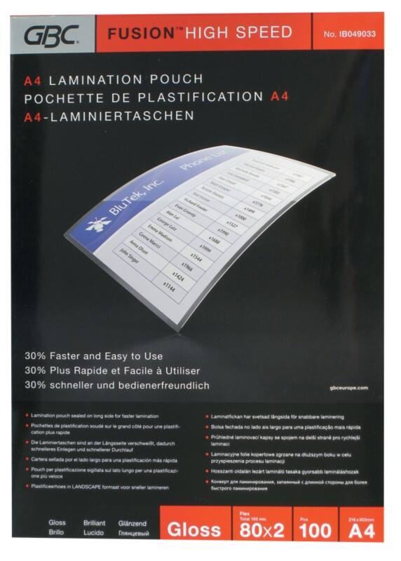 Pochette de plastification HighSpeed GBC A4 Brillant 80 microns (2 x 80) Transparent 100 Unités