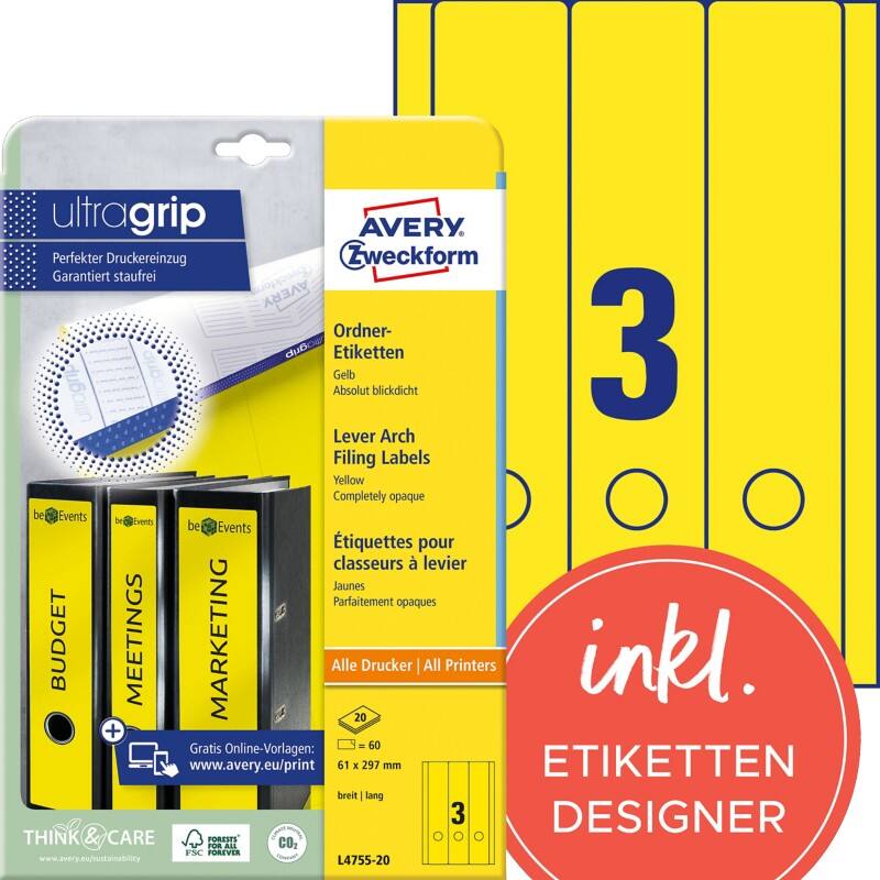 Étiquettes pour dos de classeurs Avery Ultragrip L4755-20 Jaune A4 61 mm 20 Feuilles de 3 Étiquettes