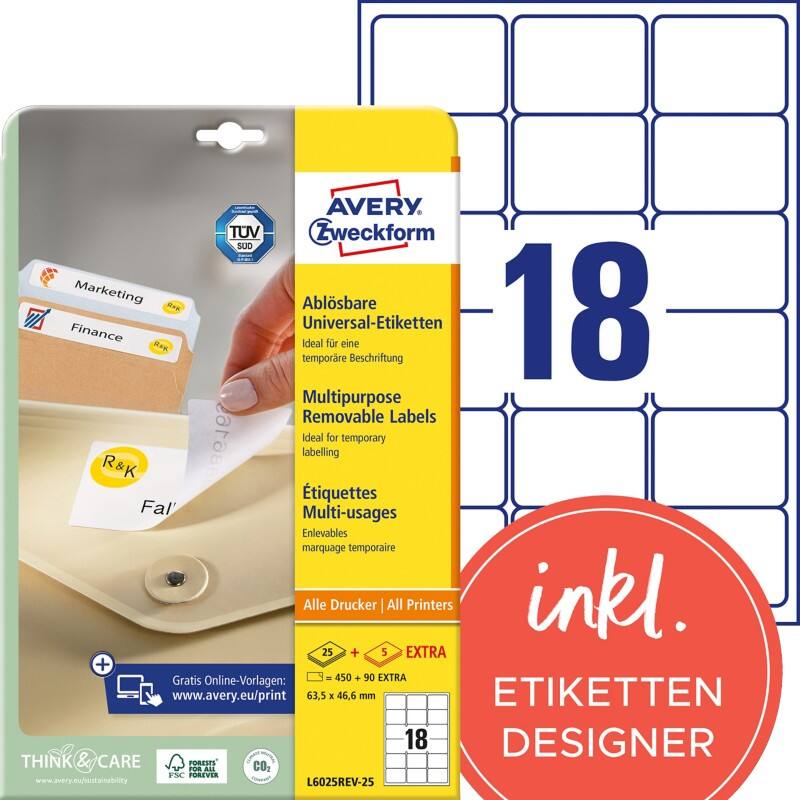 Étiquettes repositionnables Avery L6025REV-25 Stick & Lift Blanc A4 63,5 x 46,6 mm 30 Feuilles de 18 Étiquettes
