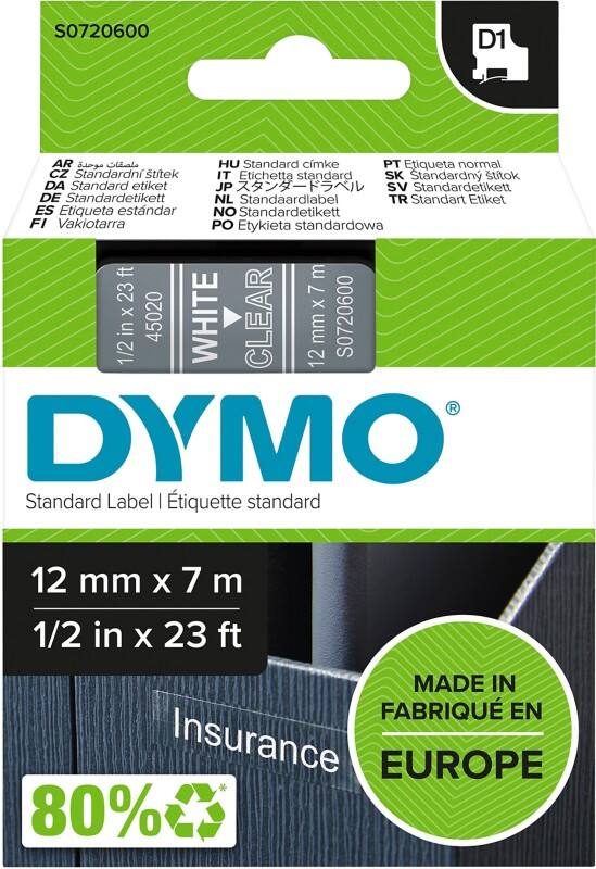Ruban d’étiquettes Dymo D1 S0720600 / 45020 d’origine Autocollantes Noir sur transparent 12 mm x 7 m