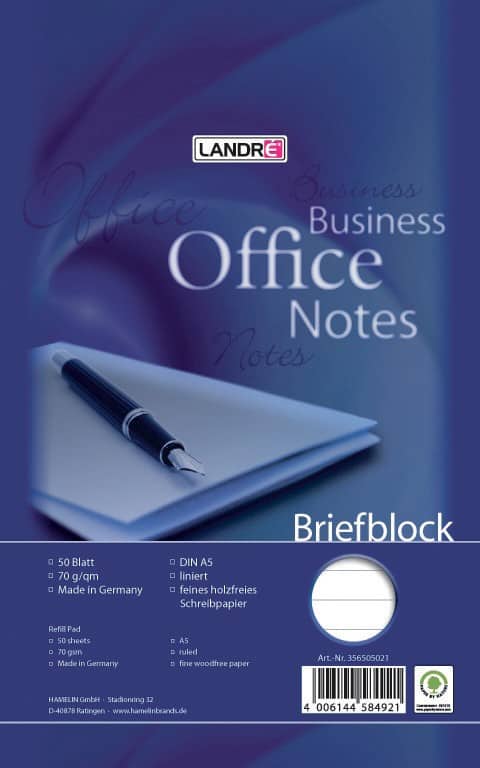 Bloc-notes LANDRÉ Office A5 Bleu Reliure supérieure Couverture en carte Ligné Collé 50 feuilles