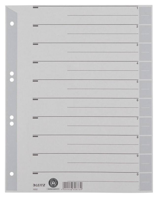 Intercalaires Leitz 1 à 10 A4 extra large Gris foncé 10 intercalaires Carton 6 Perforations 1652 100 Unités