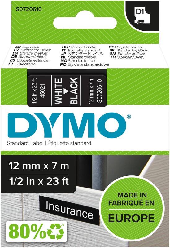 Ruban d'étiquettes DYMO D1 Authentique 45021 S0720610 Autocollantes 12 mm x 7 m