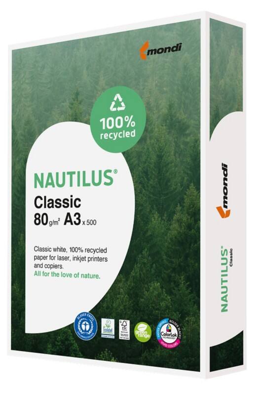 Papier imprimante Nautilus Classic A3 Recyclé 100% 80 g/m² Dépoli Blanc 500 Feuilles