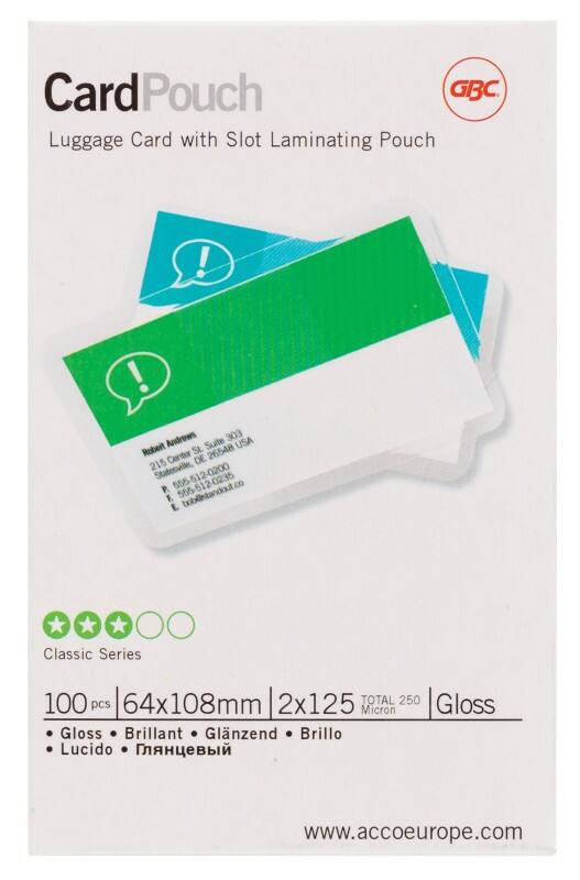 Pochette de plastification Card GBC Brillant 125 microns (2 x 125) Transparent 100 Unités