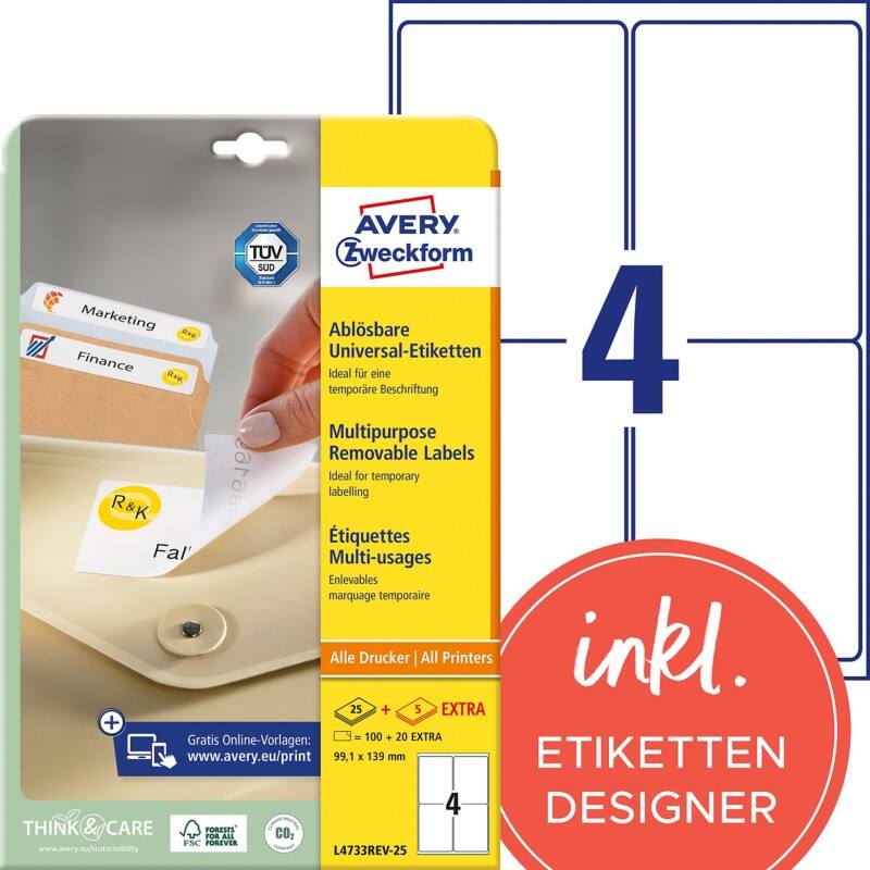 Étiquettes repositionnables Avery L4733REV-25 Stick & Lift Blanc A4 99,1 x 139 mm 30 Feuilles de 4 Étiquettes