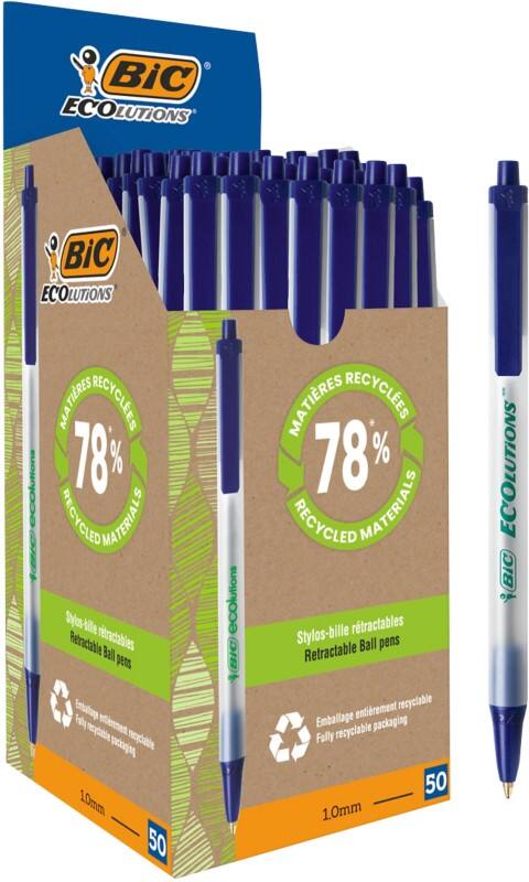 Stylo-bille BIC Ecolutions Clic Stic Rétractable Bleu 0,4 mm Moyen Bille 62% Recyclé 50 Unités