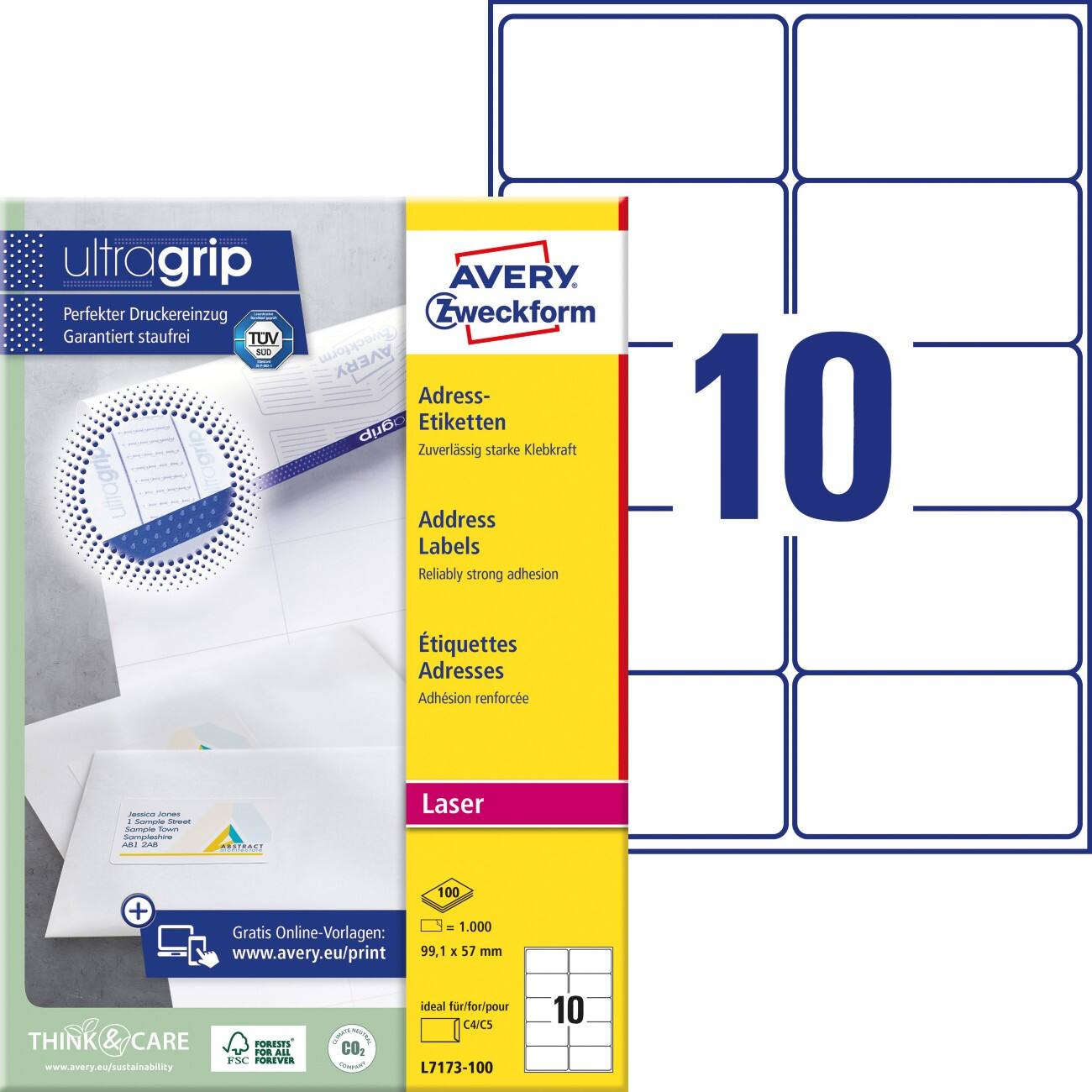 Étiquettes d'adresse AVERY Zweckform UltraGrip L7173-100 Adhésif A4 Blanc 99,1 x 57 mm 100 feuilles de 10 unités