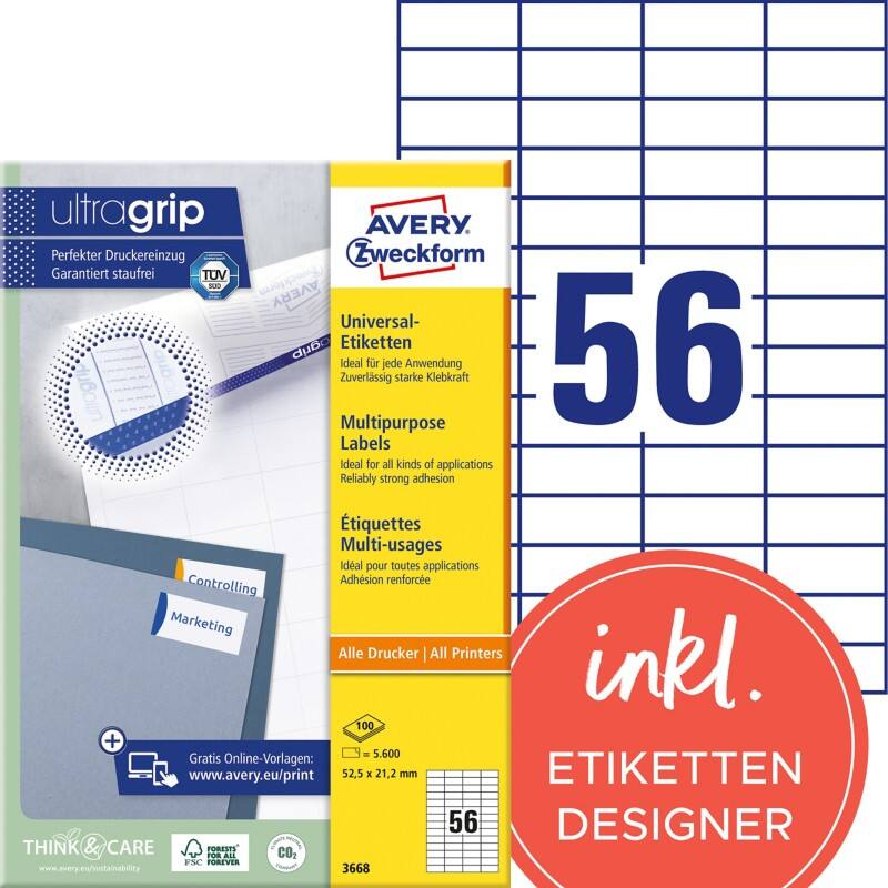 Étiquettes universelles Ultragrip Avery 3668 Adhésif A4 Blanc 52.5 x 21.2 mm 100 Feuilles de 56 Étiquettes
