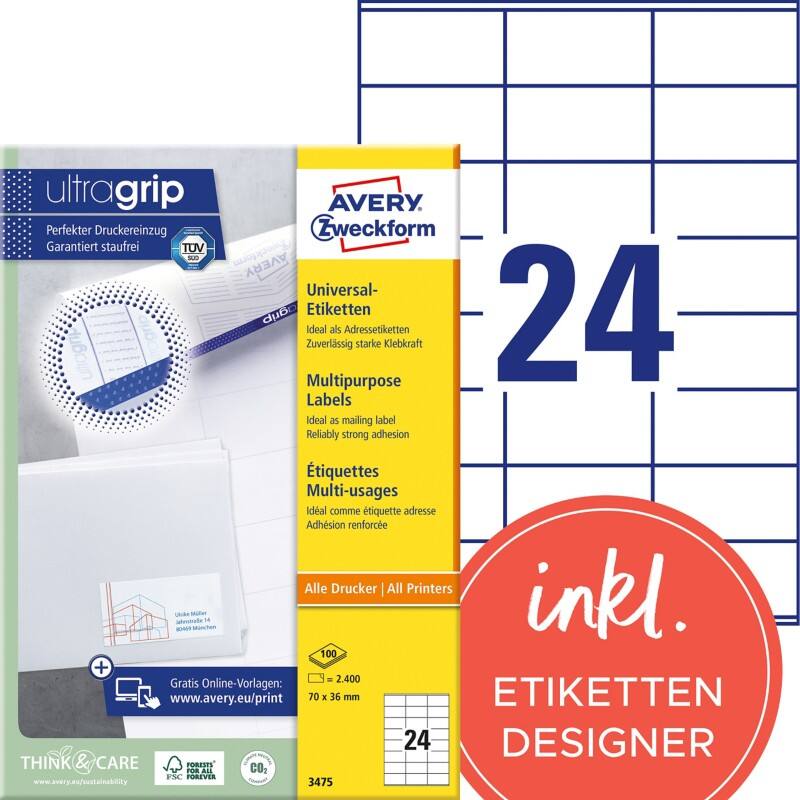 Étiquettes universelles Ultragrip Avery 3475 Adhésif A4 Blanc 70 x 36 mm 100 Feuilles de 24 Étiquettes