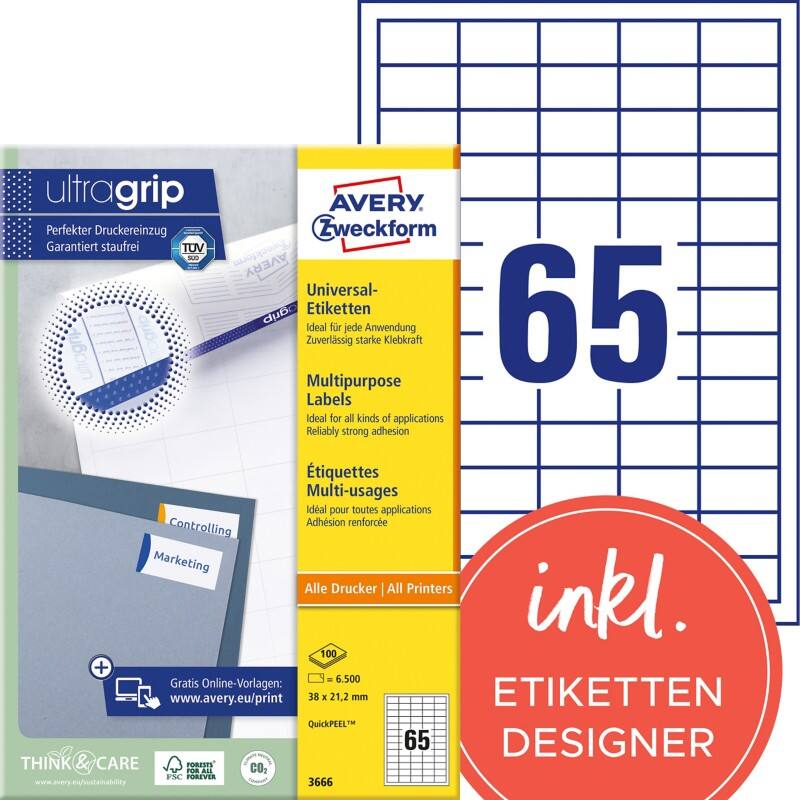 Étiquettes universelles Ultragrip Avery 3666 Adhésif A4 Blanc 38 x 21.2 mm 100 Feuilles de 65 Étiquettes