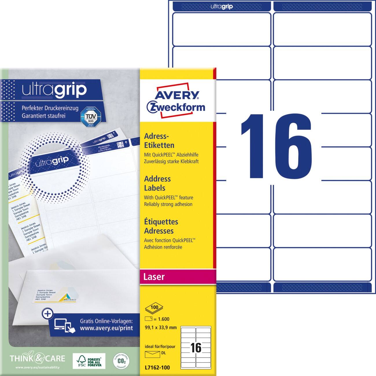 Étiquettes d'adresse AVERY Zweckform UltraGrip L7162-100 Adhésif A4 Blanc 99,1 x 33,9 mm 100 feuilles de 16 unités