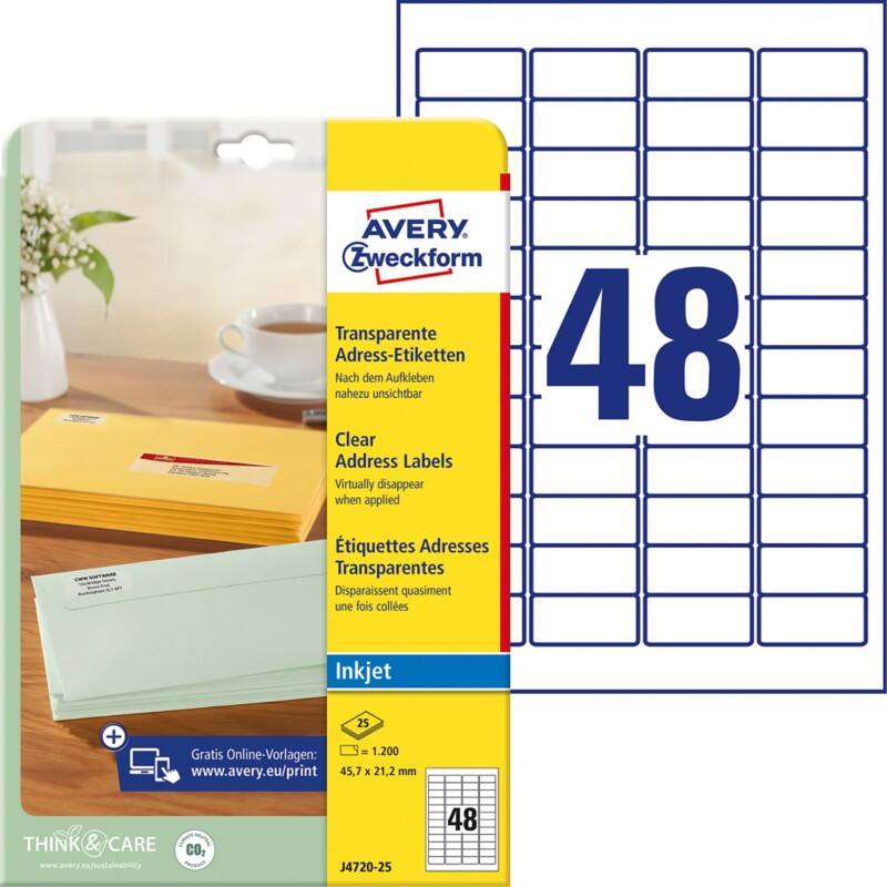 Étiquettes universelles Avery J4720-25 Adhésif A4 Transparent 45.7 x 21.2 mm 25 Feuilles de 48 Étiquettes