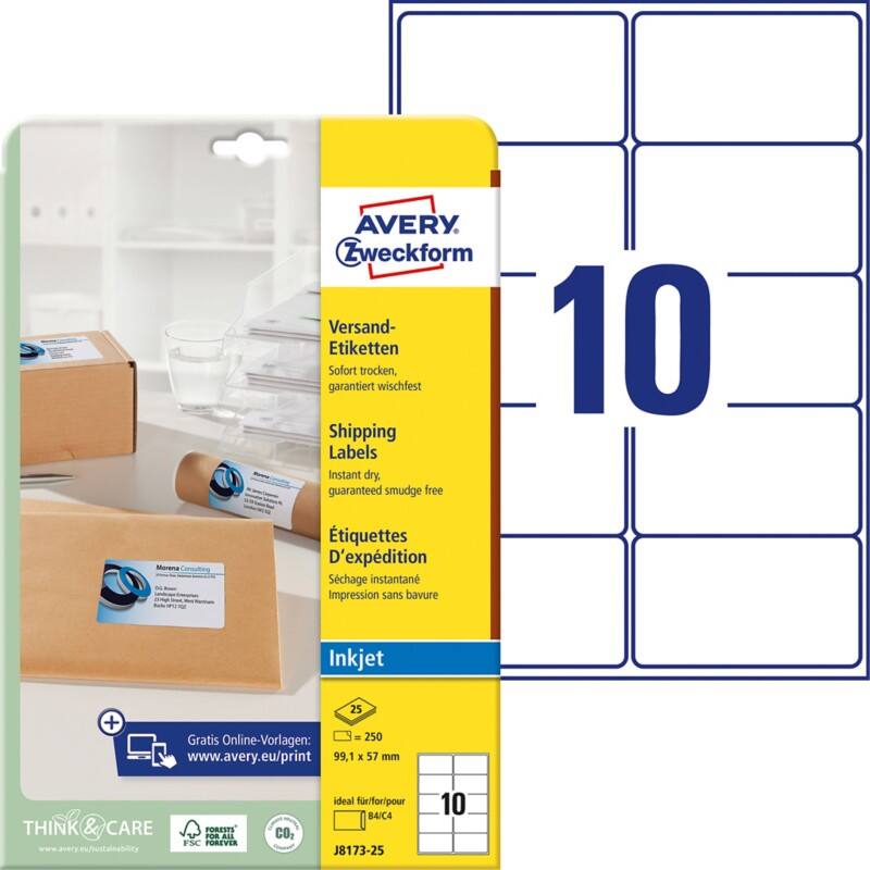 Étiquettes universelles Avery J8173-25 Adhésif A4 Blanc 99.1 x 57 mm 25 Feuilles de 10 Étiquettes