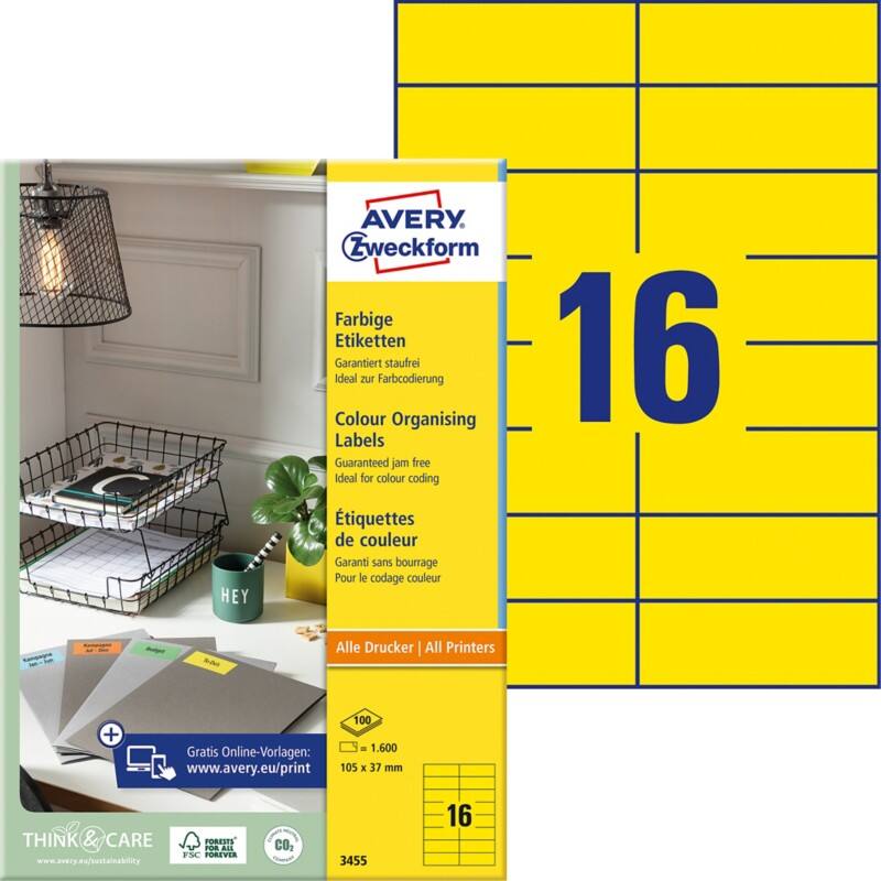 Étiquettes universelles Laser Avery 3455 Adhésif A4 Jaune 105 x 37 mm 100 Feuilles de 16 Étiquettes