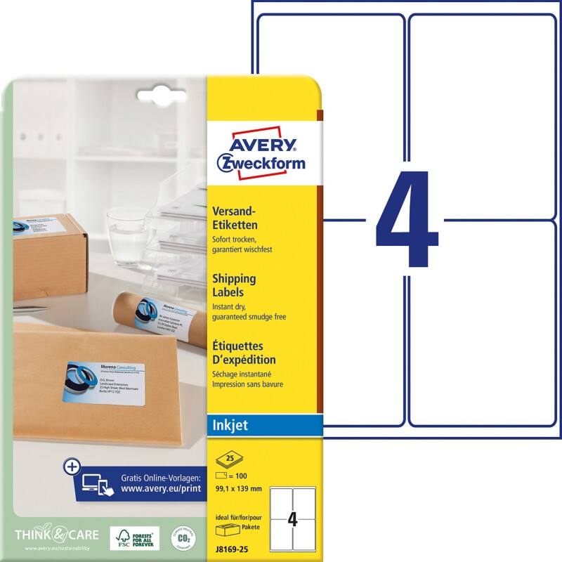 Étiquettes universelles Avery 4317570 Adhésif A4 Blanc 99.1 x 139 mm 25 Feuilles de 4 Étiquettes
